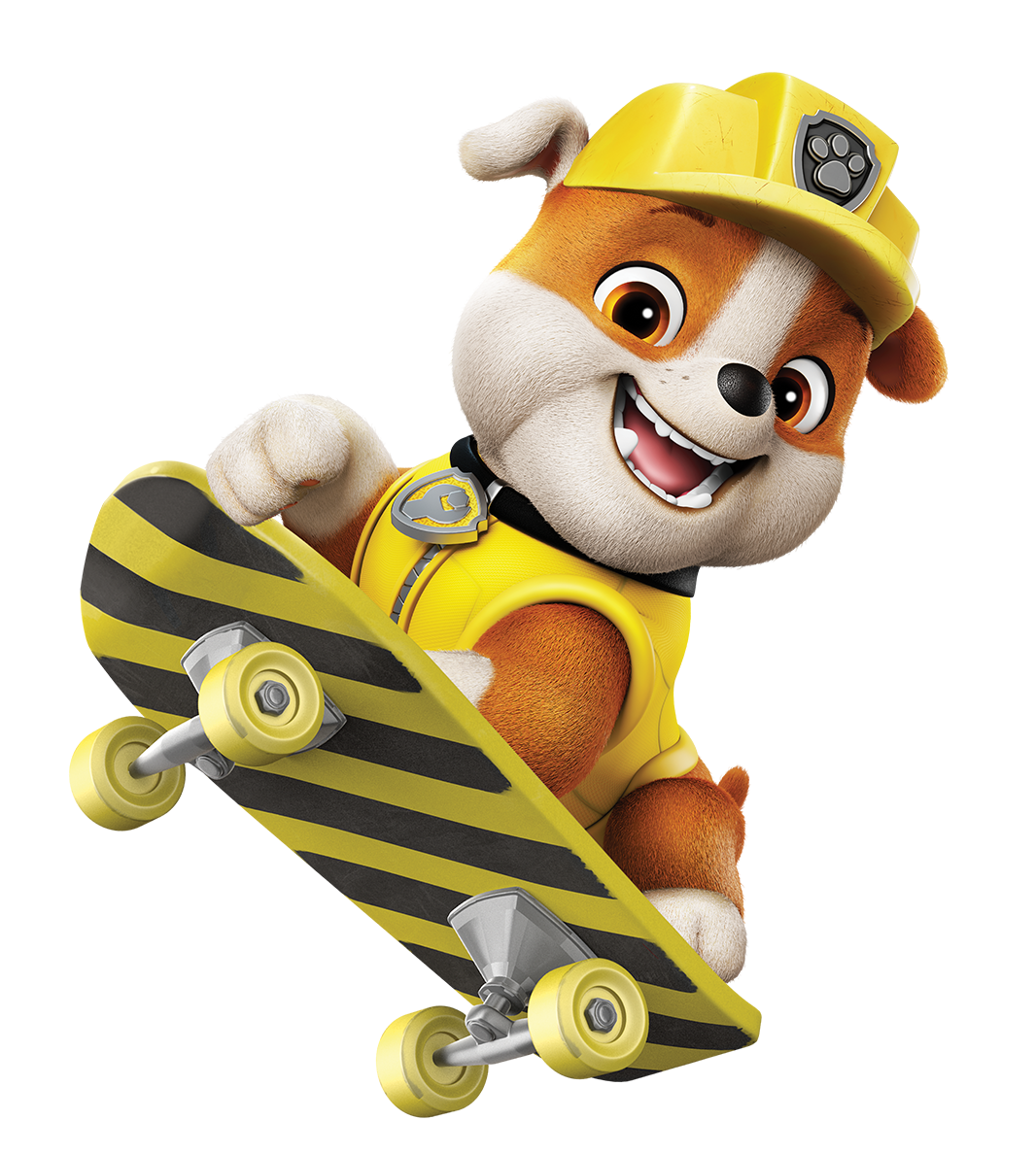 Paw Patrol pup, Rubble, on a skateboard.