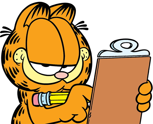 Garfield holding a pencil and clipboard